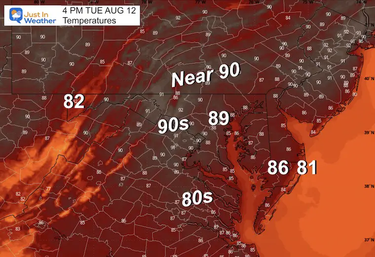 August 11 Weather temperatures Tuesday afternoon