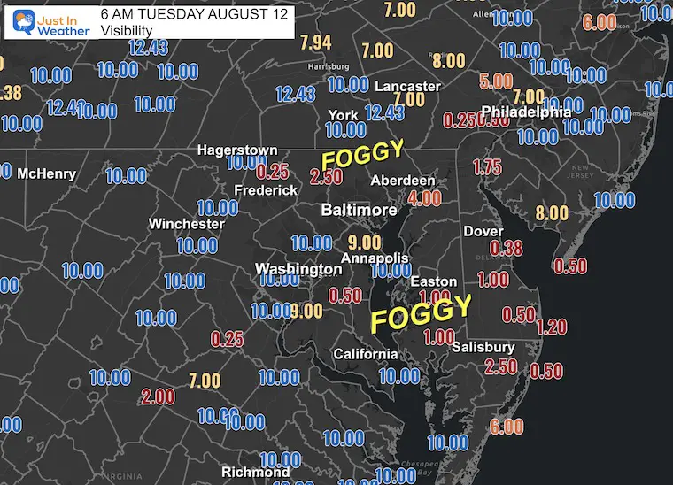 August 12 weather fog visibility Tuesday morning