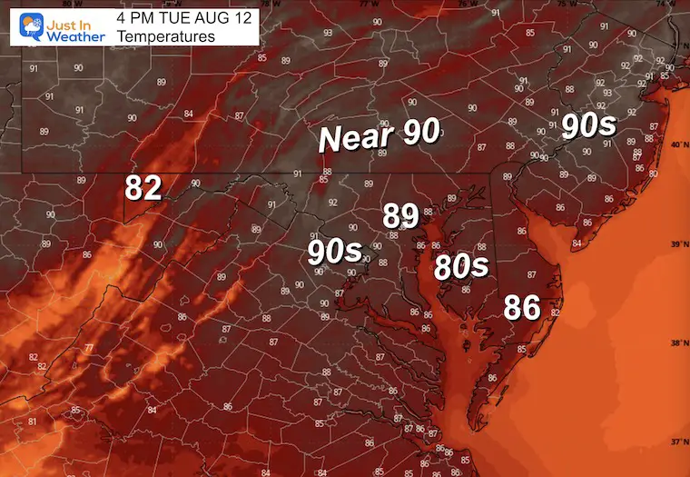 August 12 weather temperatures Tuesday afternoon 