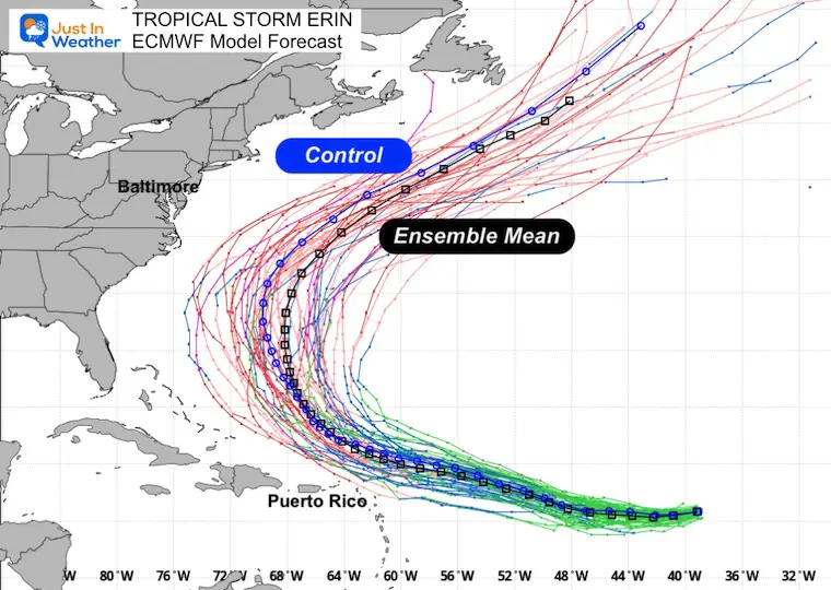August 13 Tropical Storm Erin forecast track ECMWF Model
