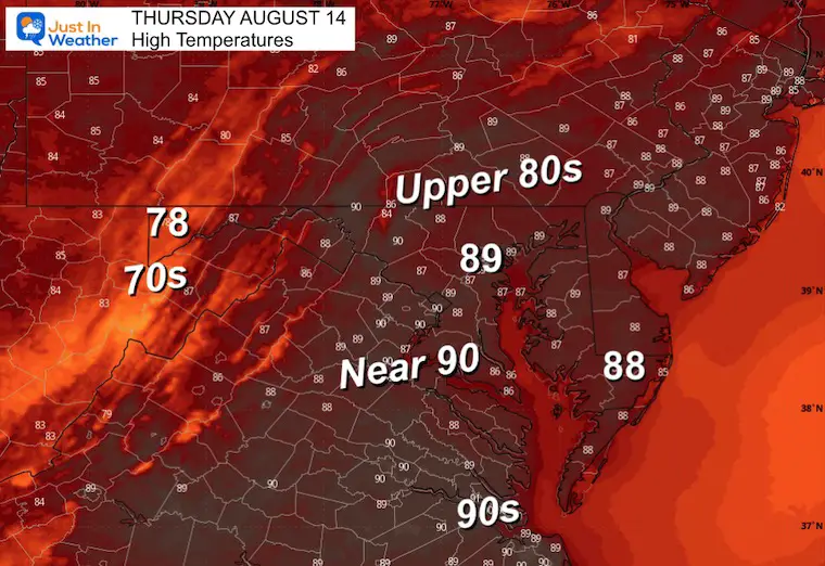 August 13 weather forecast temperatures Thursday afternoon
