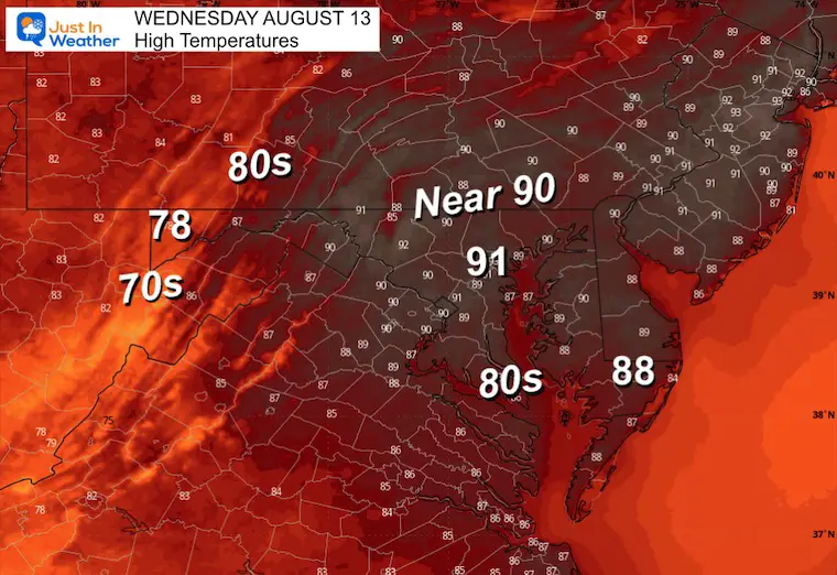 August 13 weather storm forecast temperatures Wednesday afternoon