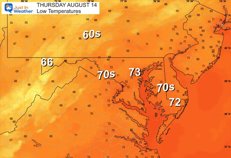 August 13 weather storm forecast temperatures Thursday morning