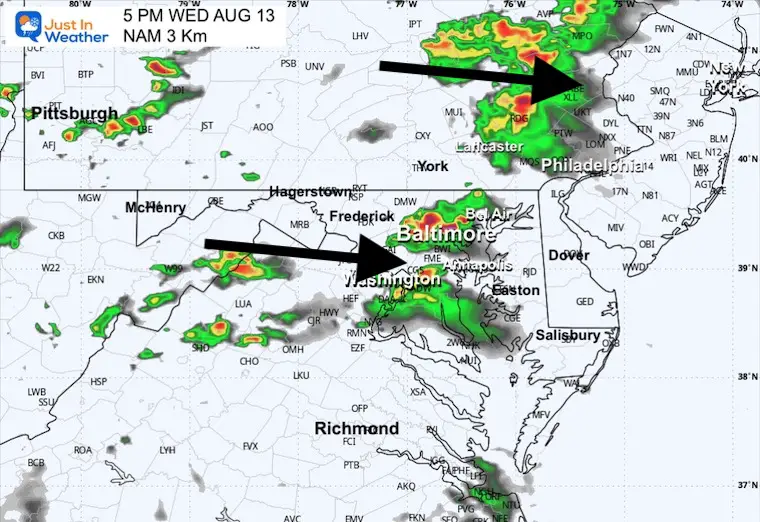 August 13 weather storm forecast radar Wednesday afternoon