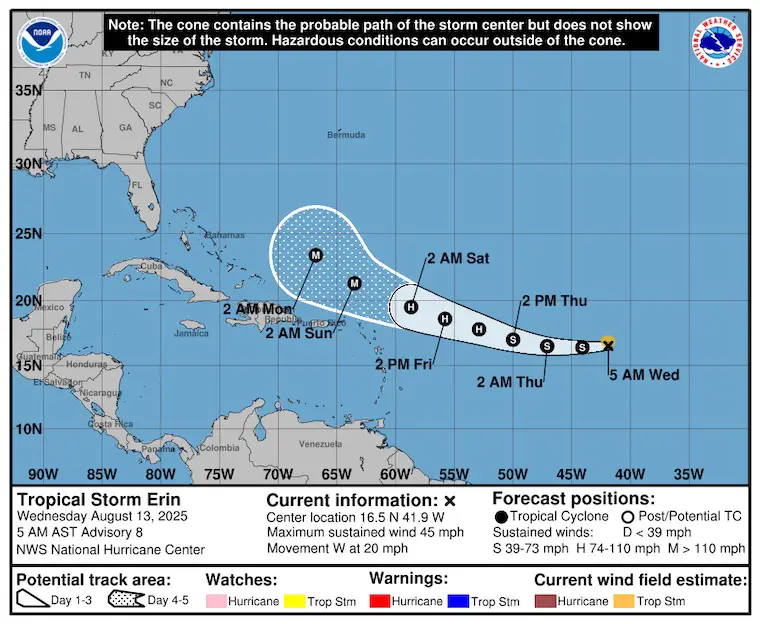 August 13 Tropical Storm Erin forecast track National Hurricane Center