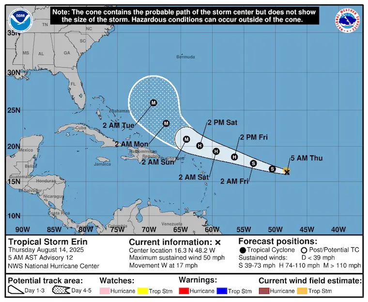 August 14 Erin Forecast Tracks National Hurricane Center