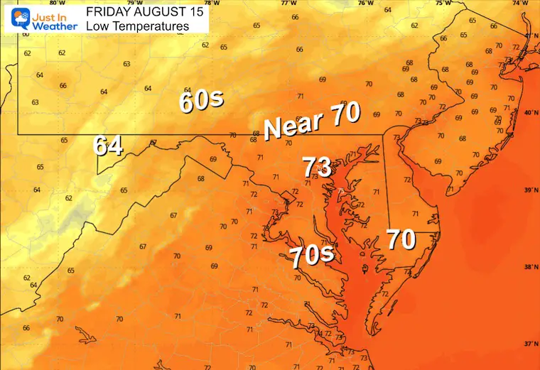 August 14 weather forecast temperatures Friday morning