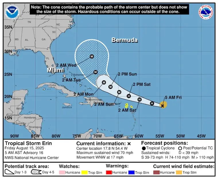 August 15 weather Tropical Storm Erin Forecast Track NHC
