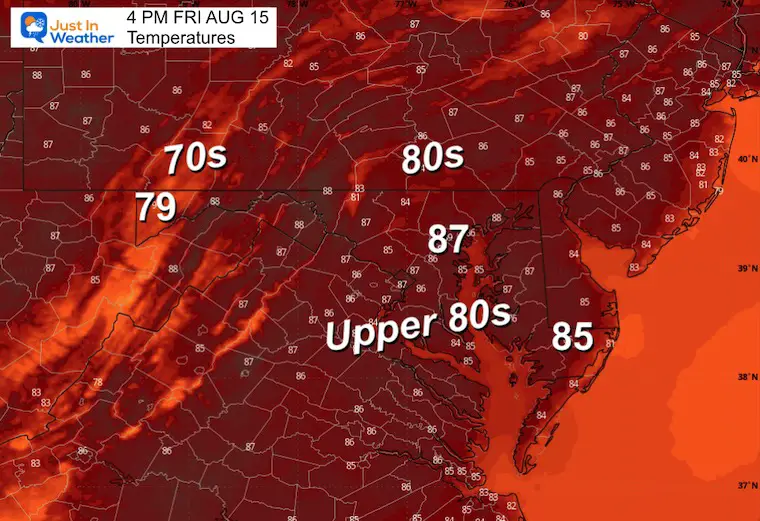 August 15 weather temperatures Friday afternoon