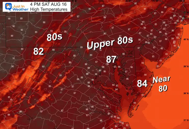 August 15 weather temperatures Saturday afternoon