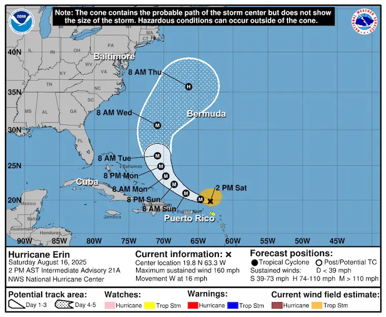 August 16 Hurricane Erin Forecast Track NHC Saturday afternoon