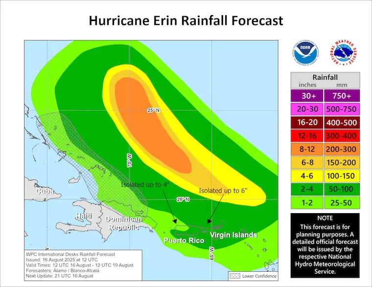 August 16 Hurricane Erin Forecast Rainfall
