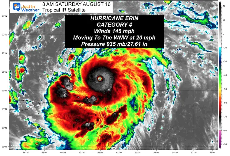 August 16 Hurricane Erin Satellite Saturday 8 AM 145 mph winds