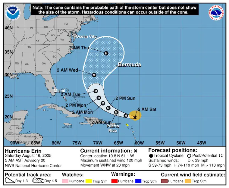 August 16 Hurricane Erin NHC Forecast Tracks