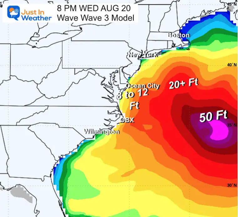 August 16 weather hurricane Erin wave forecast East Coast Wednesday
