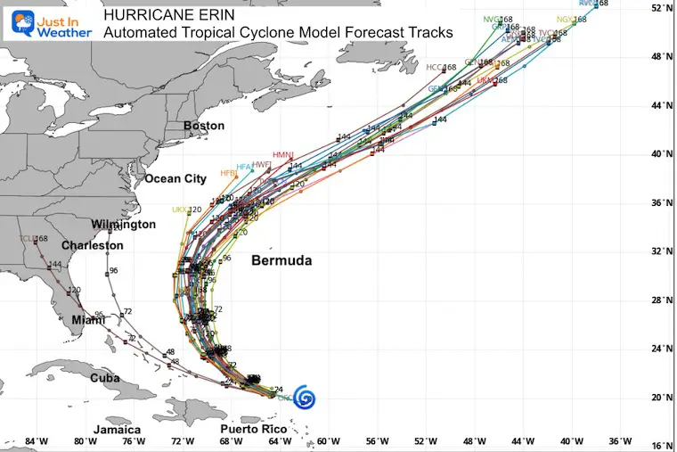 August 16 Hurricane Erin Forecast Track Models Saturday afternoon