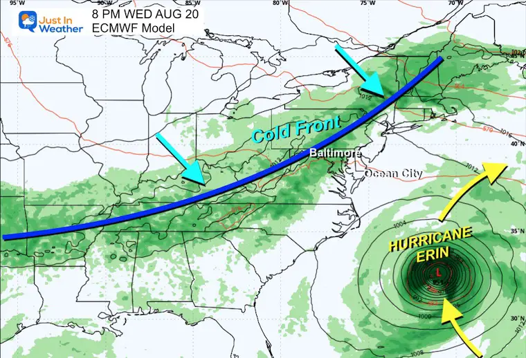 August 16 weather Hurricane Erin forecast map Wednesday