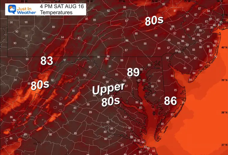 August 16 weather temperatures Saturday afternoon