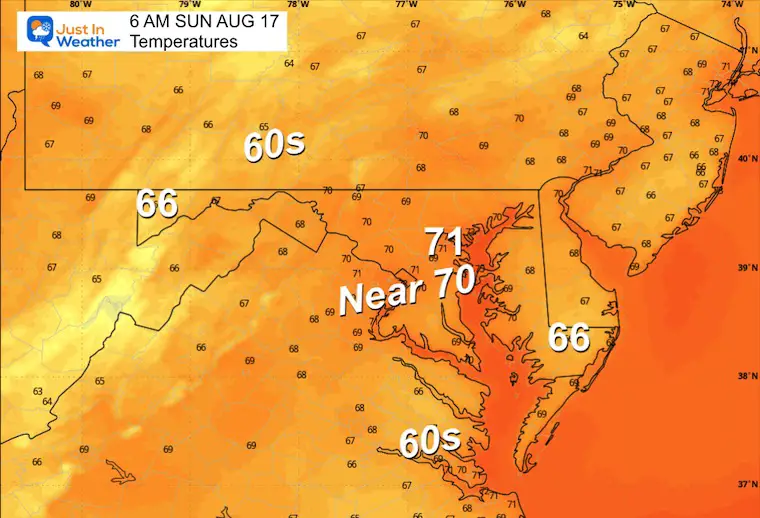 August 16 weather temperatures Sunday morning