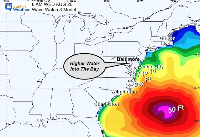 August 17 weather Hurricane Erin wave forecast Wednesday