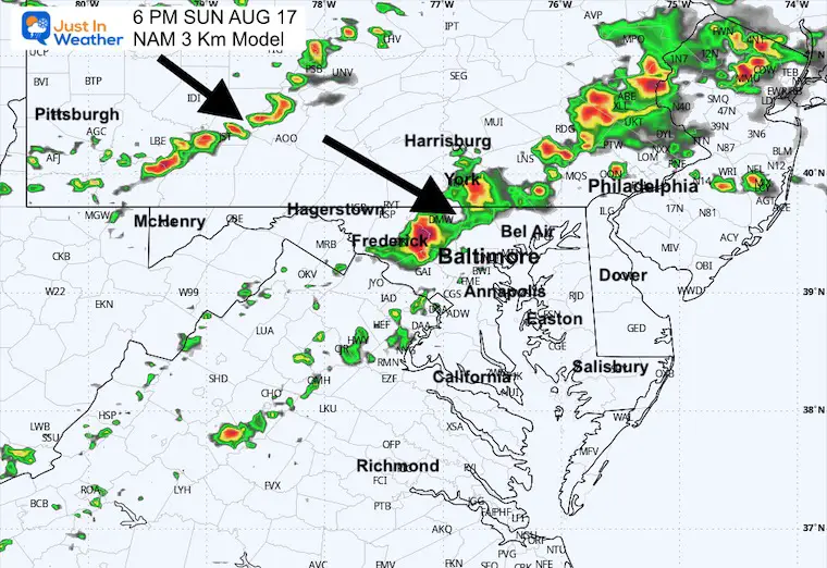 August 17 weather storm radar Sunday 6 PM
