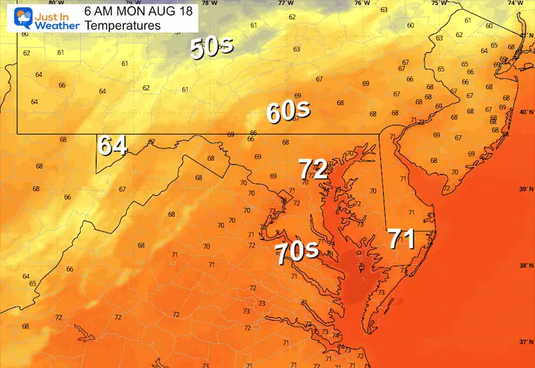 August 17 weather temperatures Monday morning