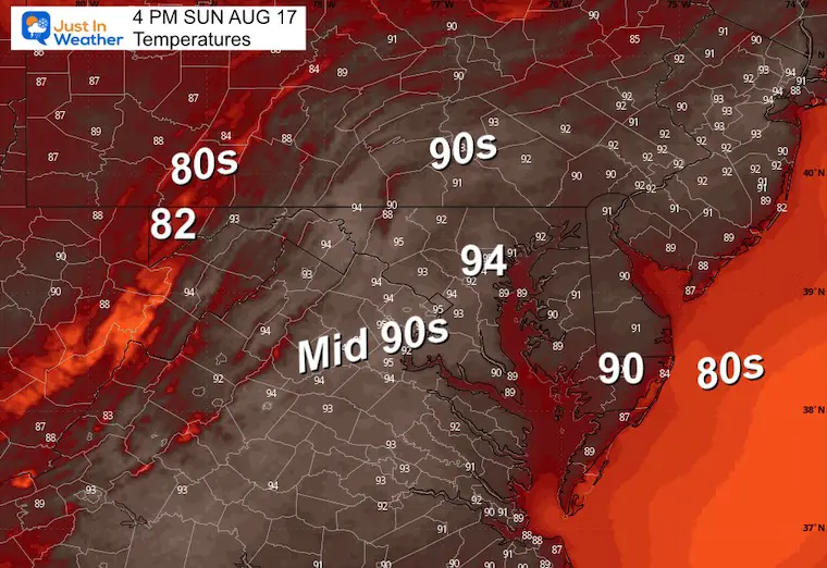 August 17 weather temperatures Sunday afternoon