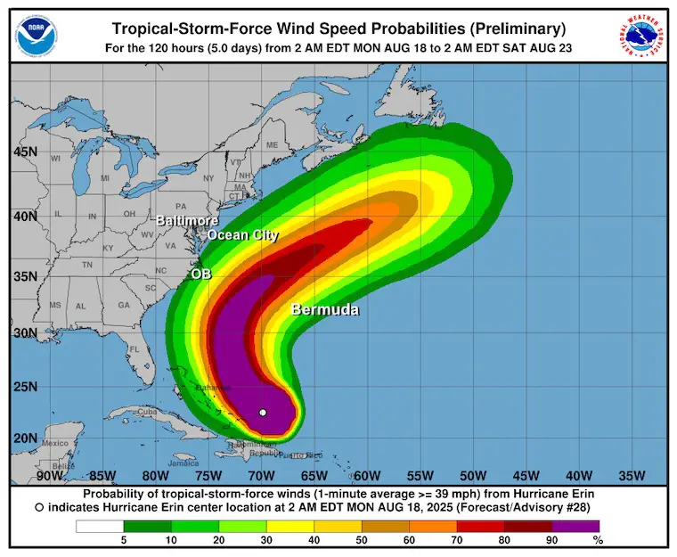August 18 Hurricane Erin forecast National Hurricane Center Winds