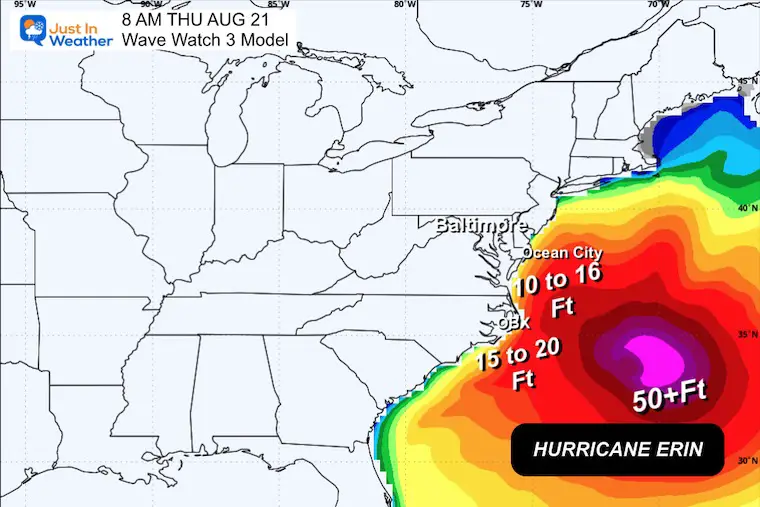 August 18 weather forecast waves Hurricane Erin Thursday