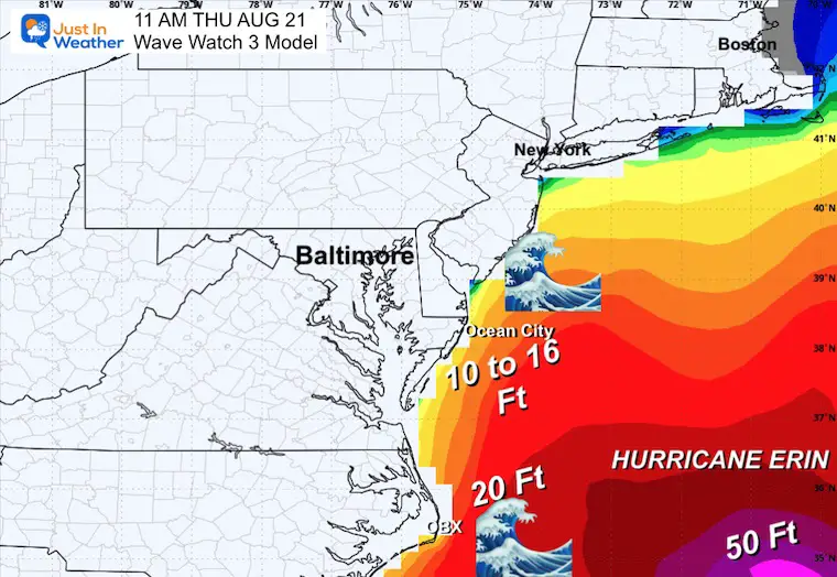 August 18 Hurricane Erin wave forecast Thursday morning Maryland