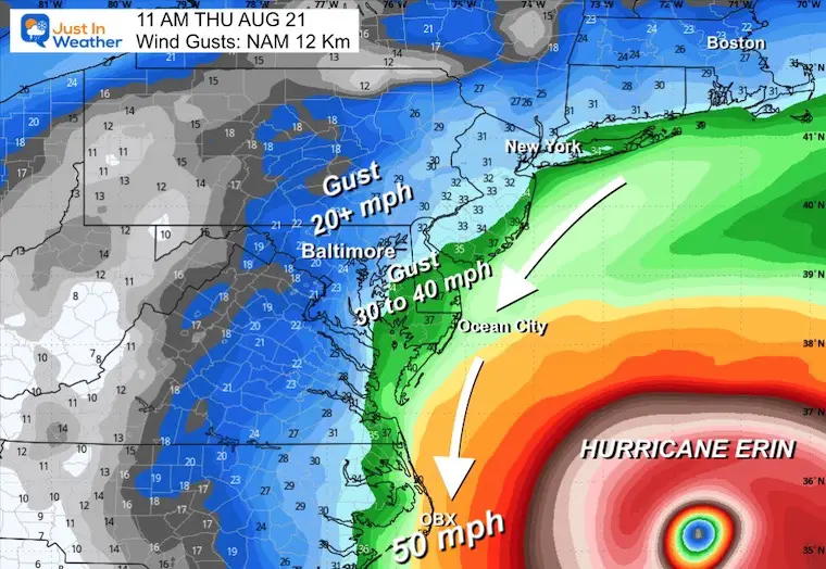 August 18 Hurricane Erin wind forecast gusts Thursday morning