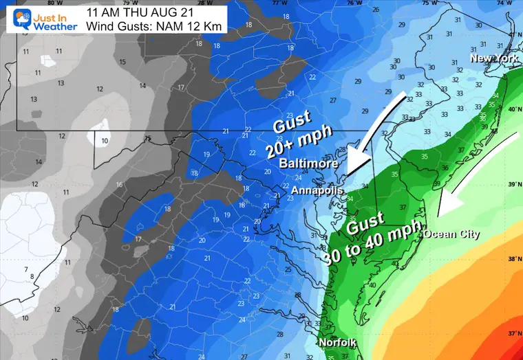 August 18 Hurricane Erin wind forecast gusts Thursday morning Maryland