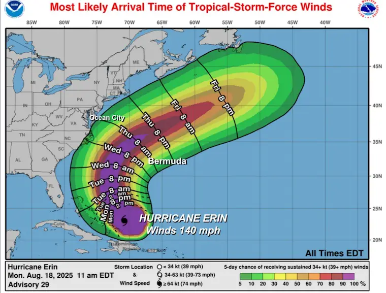 August 18 Hurricane Erin Forecast winds NHC