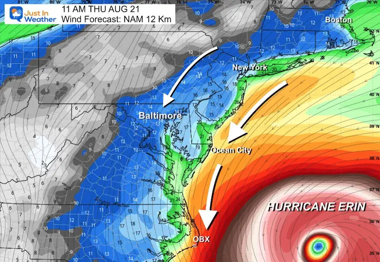 August 18 Hurricane Erin wind forecast Thursday morning