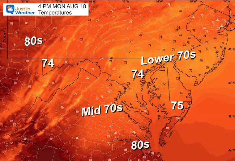 August 18 weather temperatures Monday afternoon