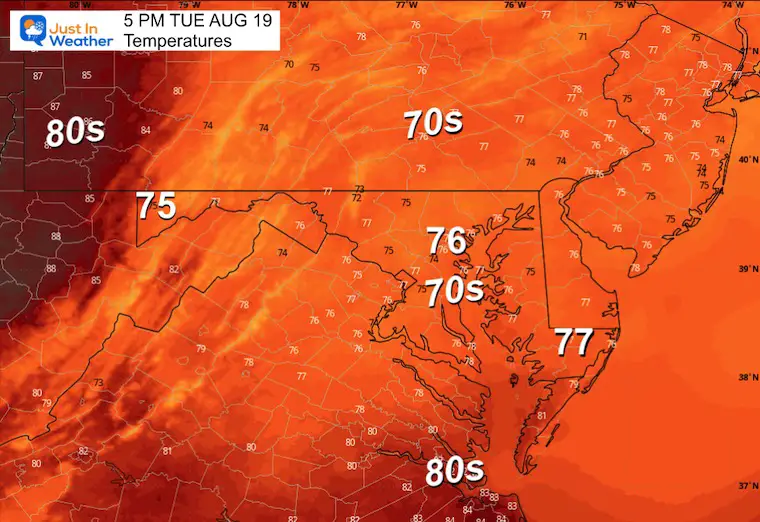 August 18 weather temperatures Tuesday afternoon