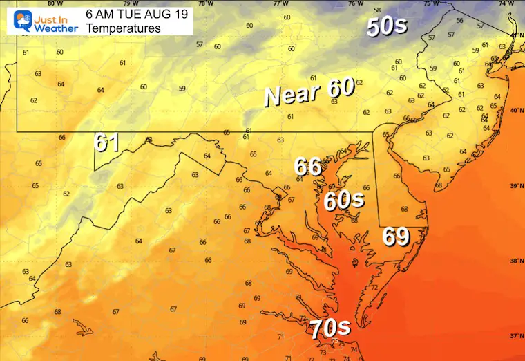August 18 weather temperatures Tuesday morning