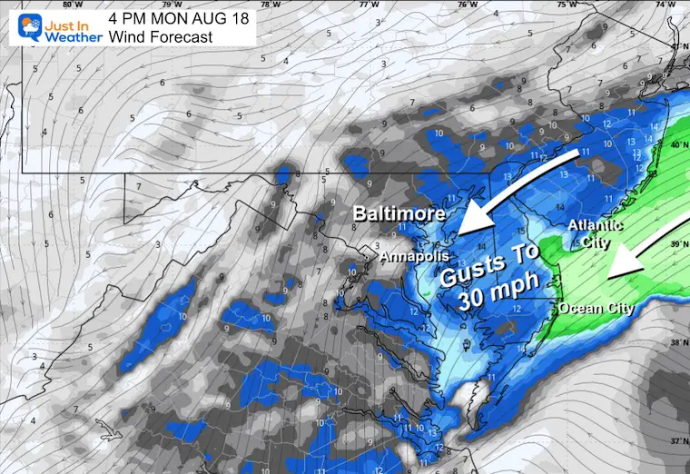 August 18 weather wind forecast Monday afternoon