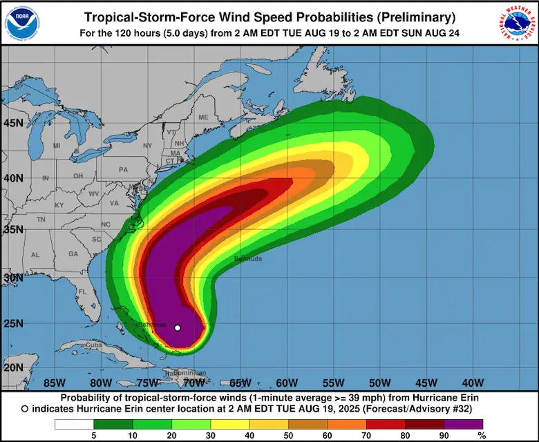 August 19 Hurricane Erin Forecast Winds NHC