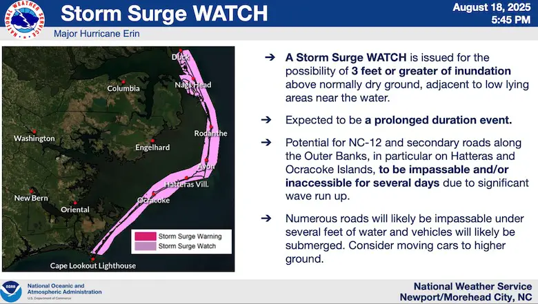August 19 Erin Storm Surge Watch North Carolina