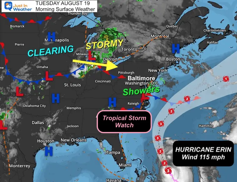 August 19 Hurricane Erin weather map Tropical Storm Watch