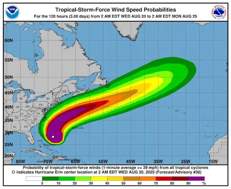 August 20 Hurricane Erin Forecast Winds NHC