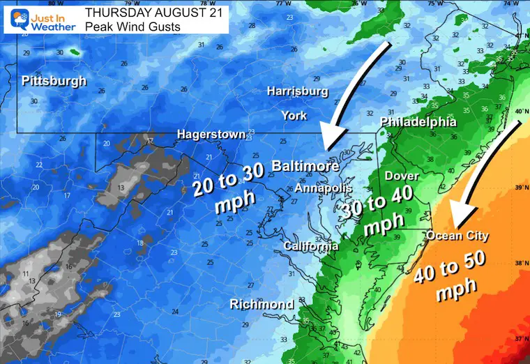 August 20 weather Hurricane Erin winds Thursday Maryland