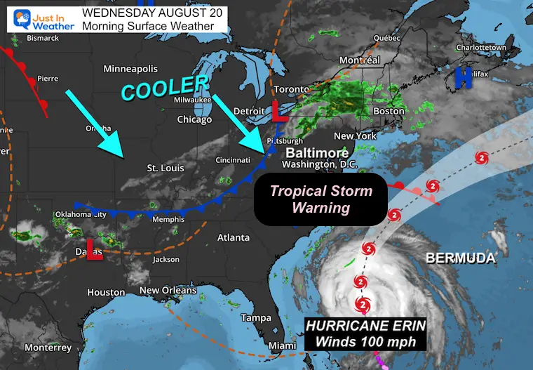 August 20 weather Hurricane Erin Storm Map Wednesday morning