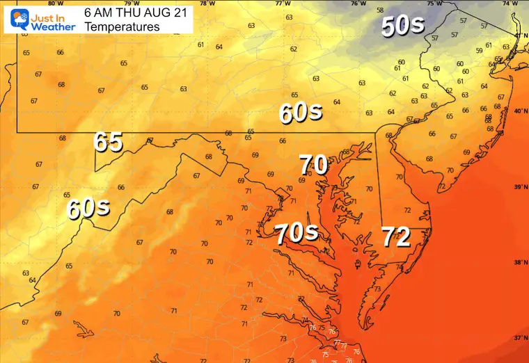 August 20 weather forecast temperatures Thursday morning