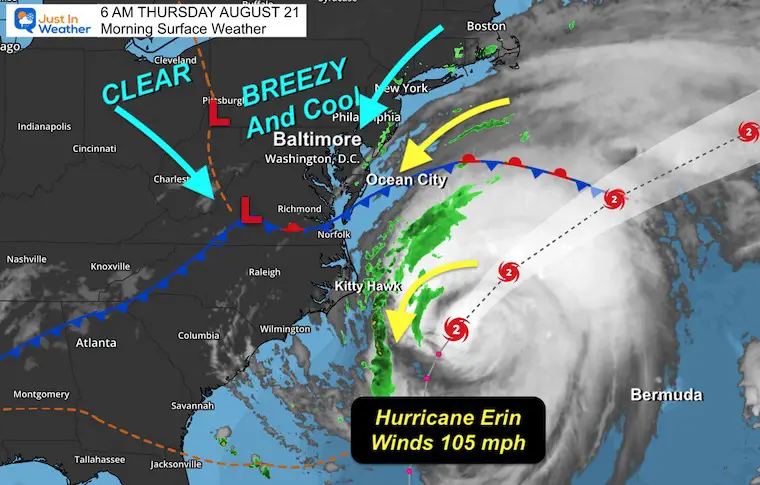 August 21 weather Hurricane Erin storm map Thursday morning