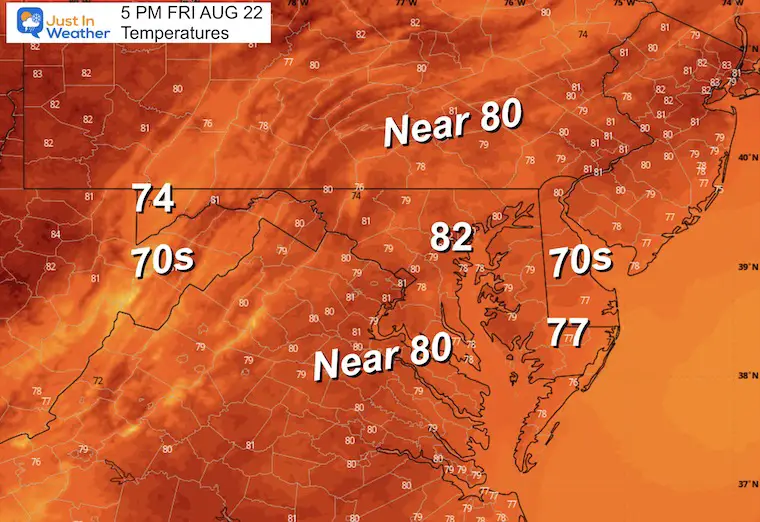 August 21 weather forecast temperatures Friday afternoon