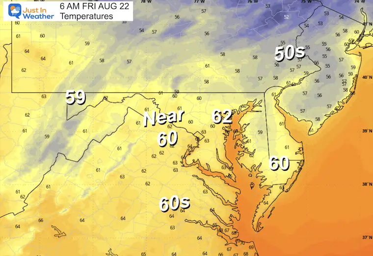 August 21 weather forecast temperatures Friday morning