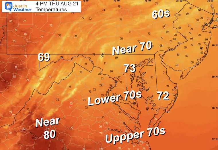 August 21 weather forecast temperatures Thursday afternoon