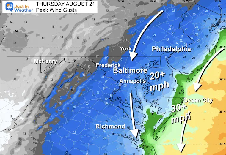 August 21 Weather Wind Gusts Hurricane Erin Thursday